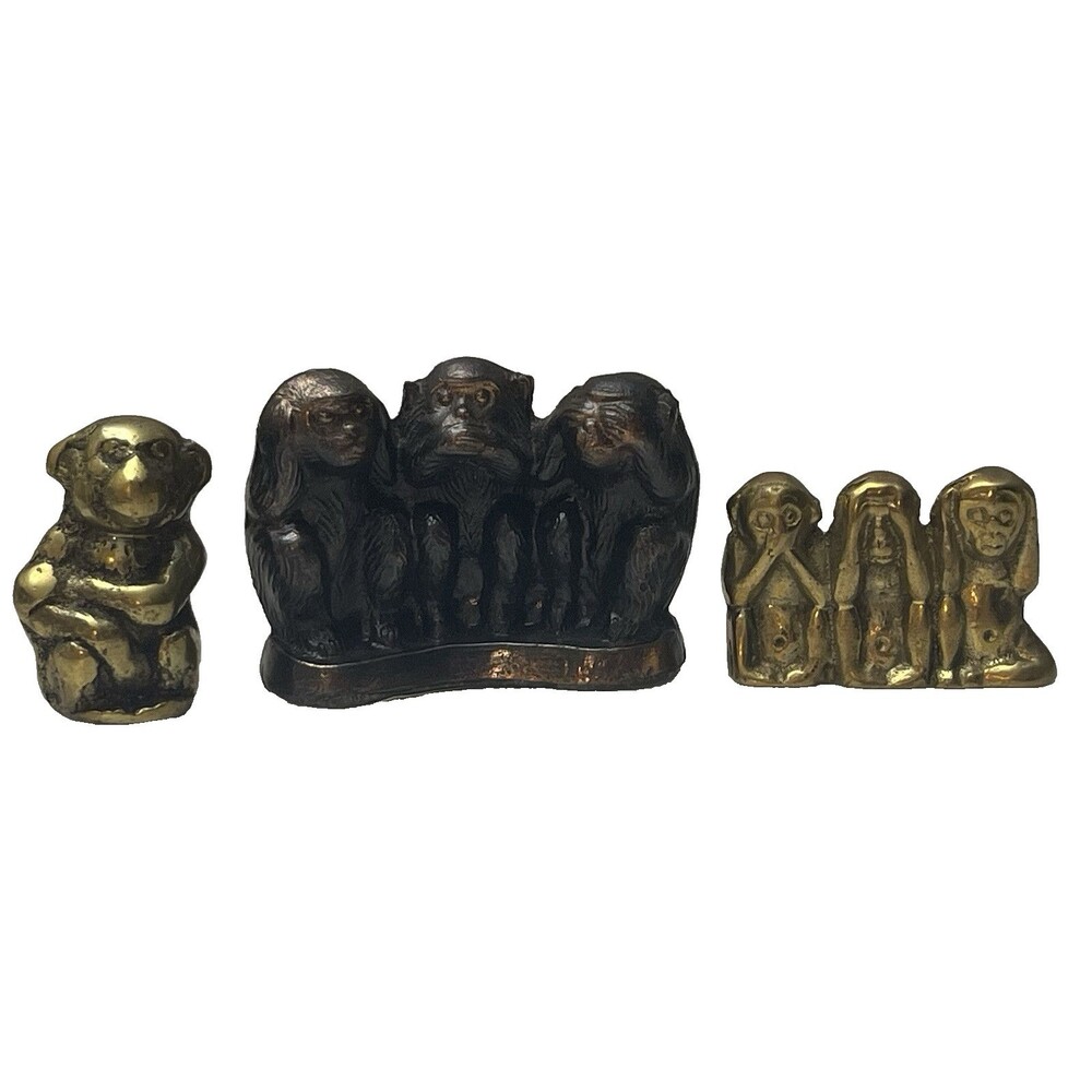 Brass Metal Mini Figure Wise Monkeys See Speak Hear No Evil & Sitting Monkey Lot